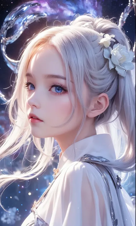 ((face focus:1.4, side face)), ((masterpiece)), ((( best quality))), (( Very detailed)), ((shape)),[ Realistic Light Effects ],shadow,( Fantasy Style ),(White background:1.6), simple background, (Earth Theme),(Cape)[(Hair Focus,(( one girl )),[( Big Slime ...