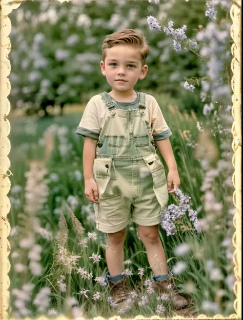 a young boy in overalls standing in a field, aged photo, 