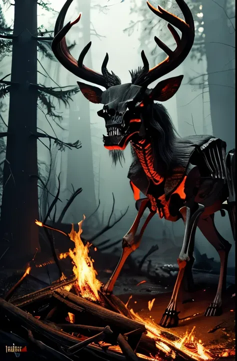 there is a skeleton of a deer in the woods with fire, wendigo, burning forest, dead forest, the forest is on fire, horned, volcanic skeleton, just art for dark metal music, a flaming forest, creature concept art, a horned, background artwork, dark fantasy ...