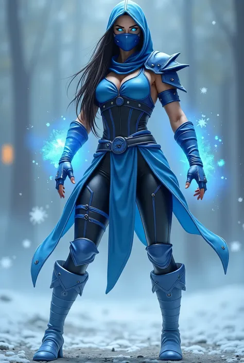 Character Description: A powerful ice warrior inspired by Sub-Zero, wearing a combat outfit combining blue and black, reflecting her strength and battle prowess. Special gloves cover half of her face, giving her a mysterious look, and her long hair flows d...