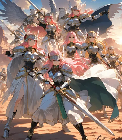 5girls, a group of 5 anime warrior girls valkyries, Valkyrie Profile,large cape, wasteland, Wearing a soft armor,big large bosom (inside armor's breastplate), broadsword on her hand,serious, curvy body, milf's hips, They're cavalry (but rides a wolf), ridi...