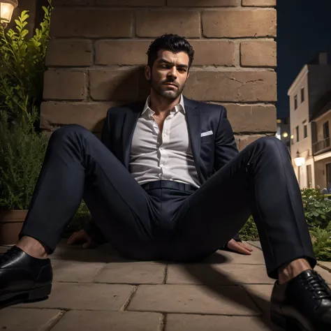 40 years old、handsome guy ,  1 Man, black suit、  white shirt、black slim pants、Ekin Mert Daymaz。、Garden at Night。　Menacing look　 stubble　　　Under attack　 Gunfight、　Being shot 　 as seen from below。 sleeping、 upper body up　Black gloves lean against the wall　 O...