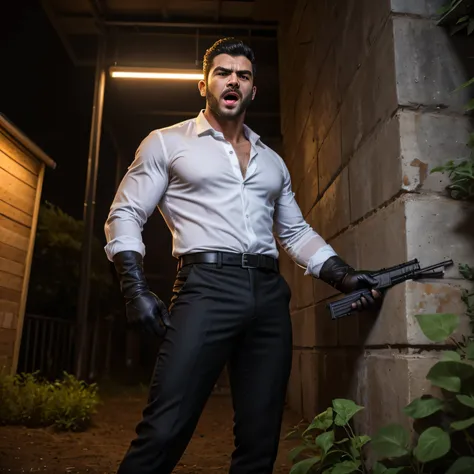 40 years old、handsome guy ,  1 Man, black suit、  white shirt、black slim pants、Ekin Mert Daymaz。、Garden at Night。　Menacing look　 stubble　　　Under attack　 Gunfight、　 angry　Shooting a gun　 as seen from below。 I'm screaming with my mouth wide open　 upper body u...