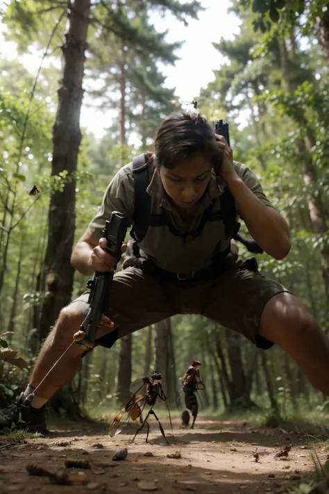 Ant fight with dragonflies in the forest with firearms
