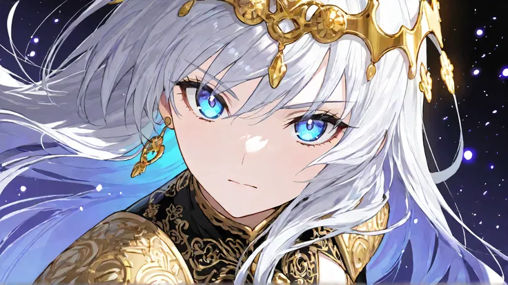 Masterpiece, Best Quality, Top Quality, Very Detailed, A breathtaking close-up portrait of a silver-haired warrior princess with striking, mesmerizing violet-blue eyes. Her long, flowing hair shimmers under the soft glow of ambient light, with strands eleg...