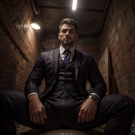 35 years old handsome,  One Man,、  muscular。  black suit、 View from below 、 short hair。  Very Short Hairstyle  、  arabic face 、 basement、  sit on the ground、 Open your legs 、 View from below 、  upper body up 　 mafia　　threatening appearance 　 Black Slim Pan...