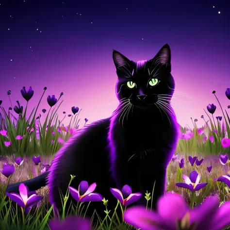 purple and black cat sitting in a field of flowers at night, purple cat, beautiful neon cats, magnificent background, glowing purple, cat silhouette, magical background, beautiful wallpaper, wallpaper hd, purple glow, high-quality wallpaper, amazing backgr...