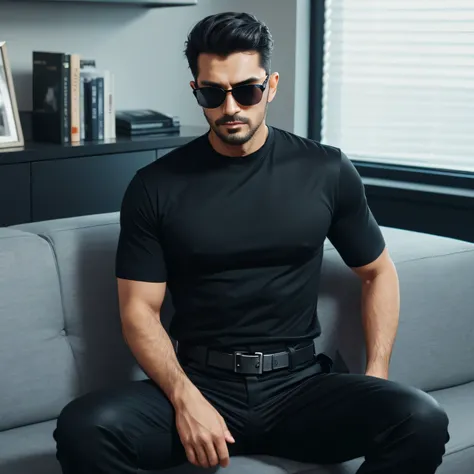 40 years old、handsome guy , One Man,。 black shirt 、 black slim pants 、Handsome Iraqi face 、office、 sit on the sofa、 black shirt、 black slim pants 、 upper body up　geff Bridges,　Front  　Menacing look　 black belt　 black gloves　 wearing black sunglasses　 black...