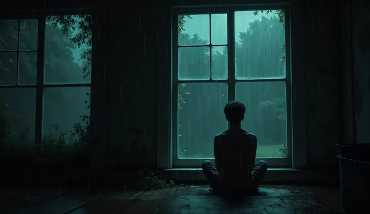  A dramatic nighttime scene outside an old, weathered mansion during a heavy rain. Pongs sits alone by a window, the reflection of raindrops on the glass symbolizing his inner turmoil and the painful memories of a past life filled with material excess.