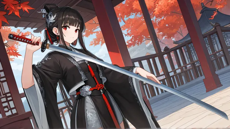 Masterpiece, Best Quality, Top Quality, Very Detailed, A stunning warrior princess dressed in an elegant black hanfu with intricate silver embroidery, holding a katana with poised confidence. Her piercing red eyes and porcelain skin create a striking contr...