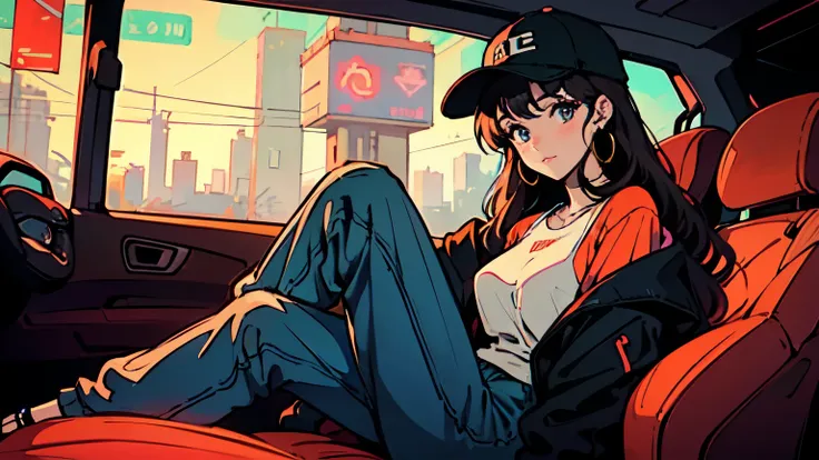 "An anime-style illustration of a young woman sitting inside a car at night, gazing out at the illuminated city skyline. She has long, dark hair flowing down her shoulders and wears a stylish baseball cap with a subtle logo. Her outfit consists of an overs...