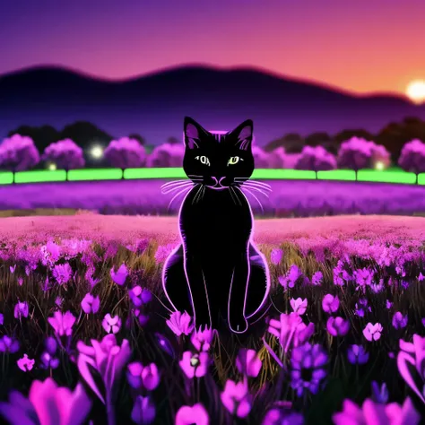 purple and black cat sitting in a field of flowers at night, purple cat, beautiful neon cats, magnificent background, glowing purple, cat silhouette, magical background, beautiful wallpaper, wallpaper hd, purple glow, high-quality wallpaper, amazing backgr...