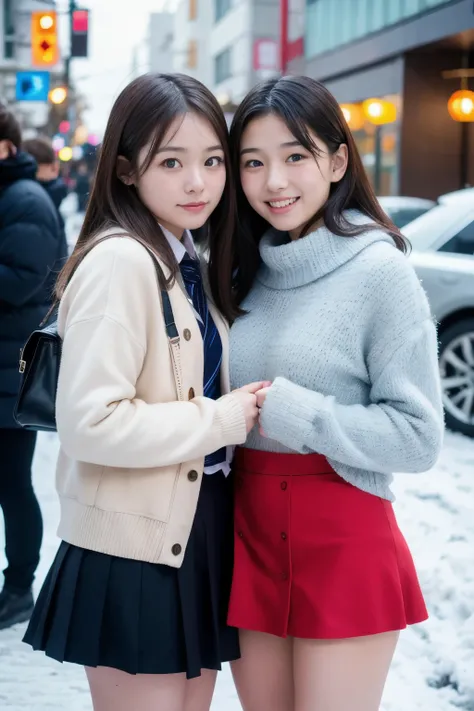 Two girl (20 years old, Japanese pretty face)  is wearing high school uniform with mini skirt at snowy city.