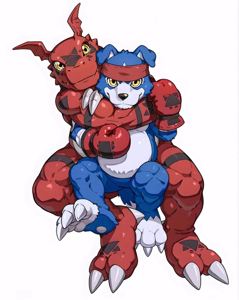 guilmon and gaomon, guilmon, gaomon, digimon (creature), dog boy, blue body, furry, dog, dog tail, blue fur, yellow eyes, headband, boxing gloves, high quality, male, two characters, white background, no background, guilmon is taller, choke hold, chokehold...