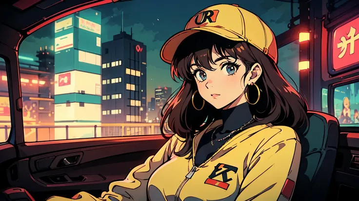 "An anime-style illustration of a young woman sitting inside a car at night, gazing out at the illuminated city skyline. She has long, dark hair flowing down her shoulders and wears a stylish baseball cap with a subtle logo. Her outfit consists of an overs...