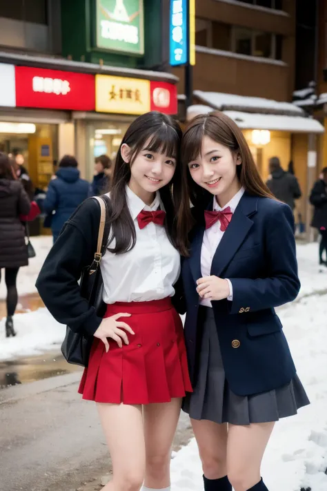 Two girl (20 years old, Japanese pretty face)  is wearing high school uniform with mini skirt at snowy city.