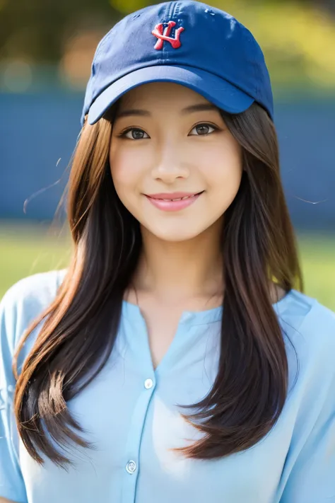 。smile、 beautiful eyes、Beautiful colored clothes、 baseball cap