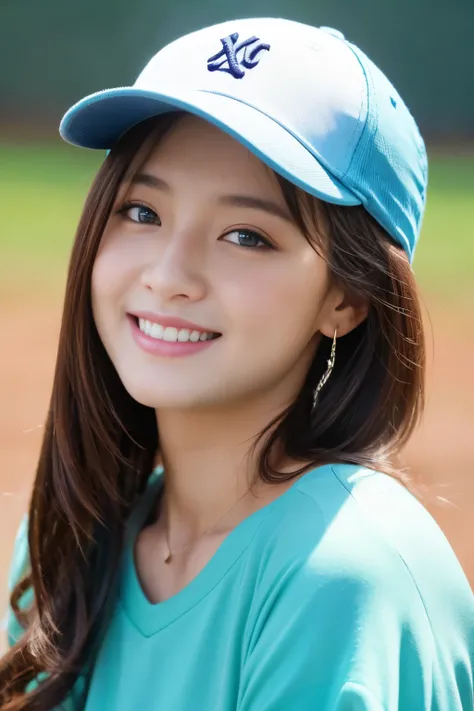 。smile、 beautiful eyes、Beautiful colored clothes、 baseball cap