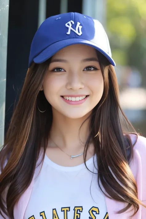 。smile、 beautiful eyes、Beautiful colored clothes、 baseball cap