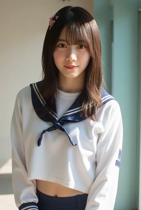 Highest quality, 8K, fashion model photo,  ((sailor_woman_uniform)), ((navel showing)),belly button visible, (((standing with hands on hips))), facing front, (((full body image))), strong sense of design, mid shot, girl, (dark brown hair), (bangs), (medium...