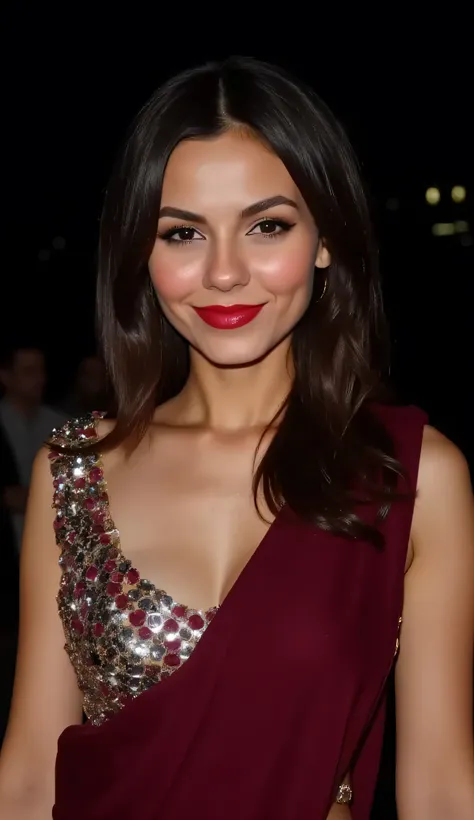 
Generate a selfie image of Victoria Justice in a sleeveless maroon saree, blouse with mirror sequins with deep v-neckline with sharp focus to the face and dark background. Lips with red lipstick. Floodlight hitting on her from front. No shadows.