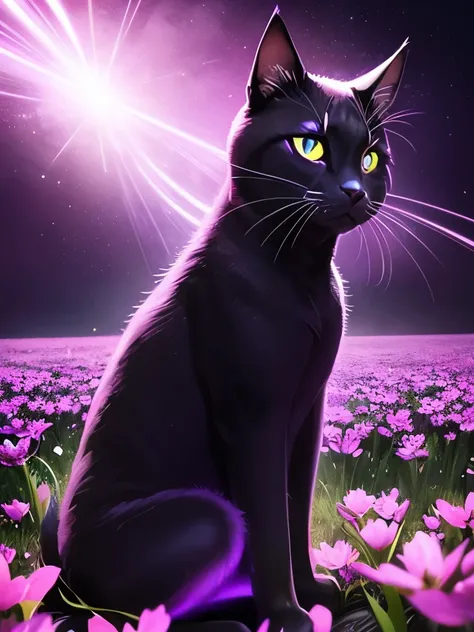 purple and black cat sitting in a field of flowers at night, purple cat, beautiful neon cats, magnificent background, glowing purple, cat silhouette, magical background, beautiful wallpaper, wallpaper hd, purple glow, high-quality wallpaper, amazing backgr...