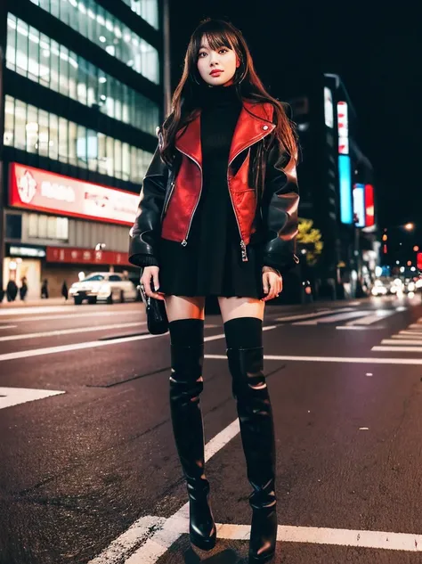  full body photo, Carafe woman wearing black boots and a black jacket on a city street , 4K high quality 、 dirty,  high boots ,  Short Skirts and Long Jackets ,  and a ,  high heel boots,  slim in a bright red Santa Claus dress and black nightgown ,  Tokyo...