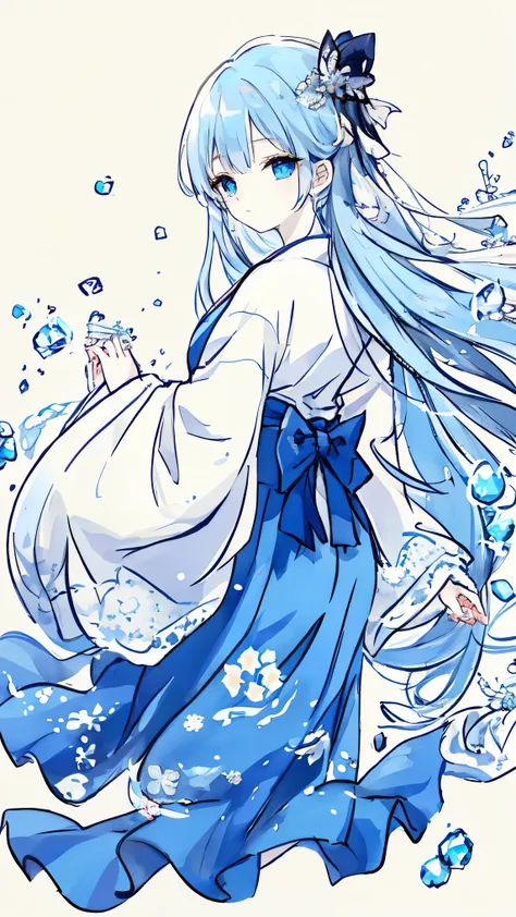 A TRPG character portrait, full-body anime-style illustration of a mysterious and ethereal yuki-onna (snow woman). She has long, flowing, translucent water-blue hair that shimmers like crystal-clear ice, cascading gracefully down her back. Her eyes are pur...