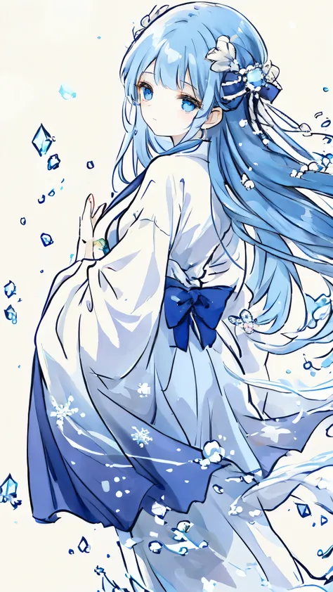 A TRPG character portrait, full-body anime-style illustration of a mysterious and ethereal yuki-onna (snow woman). She has long, flowing, translucent water-blue hair that shimmers like crystal-clear ice, cascading gracefully down her back. Her eyes are pur...