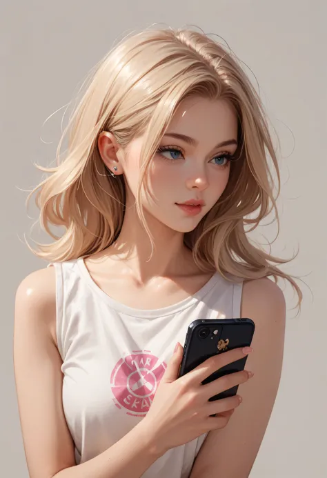 a girl playing a cellphone in plain background