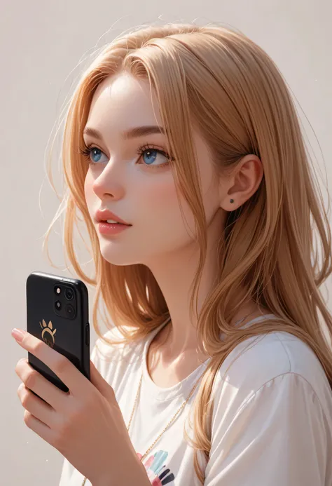 a girl playing a cellphone in plain background