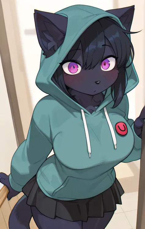  in,   top quality with beautiful eyes,   masterpiece、  anime、female furry、  standing、The Black Beast、 Black Skirts 、 Teal Hoodies、 badge 