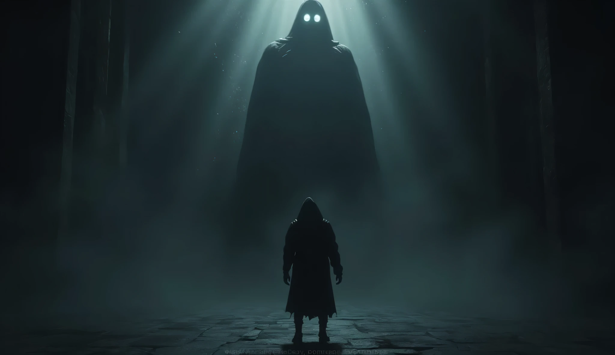 A dark, oppressive room where the protagonist stands face-to-face with the towering watcher—a large, foreboding shadow figure whose eyes seem to pierce through the darkness.