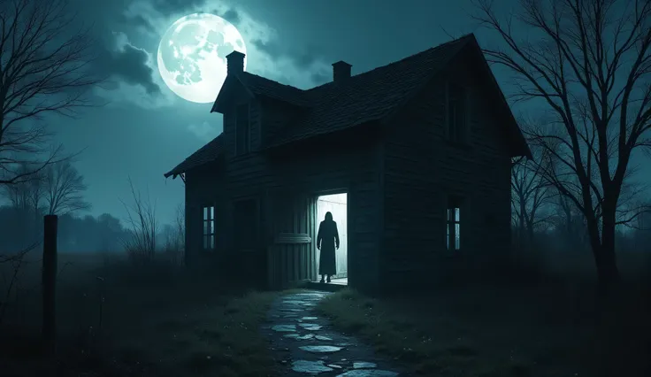 A full-moon scene outside a decrepit house, where the silvery light reveals the unsettling outline of a shadow figure poised in the doorway, blending into the night.