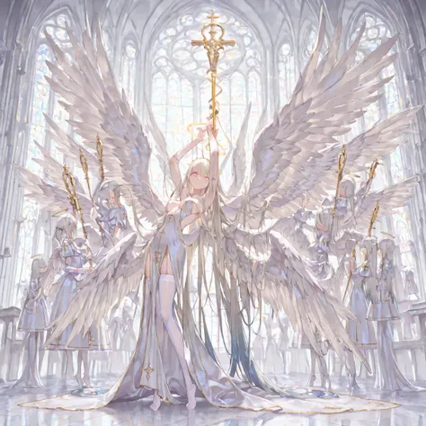 masterpiece, best quality, amazing quality, very aesthetic,  high quality, angel, six wings angel, adult female,  three pair big wings, holding a great holy Scepter,  anime, sole, very very very very long hair , High Resolution, Bright Pupils, Asymmetrical...