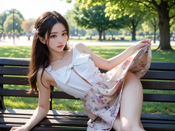 NSFW, beautiful girl, in bench in the park, upskirt, floral dress, realistic, bow in hair, ((she lift up your skirt)).