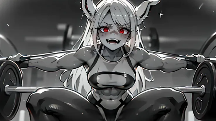 Sexy naughty woman with red eyes and white hair, toned body, (mirko, dark skin, taned skin, tan skin, bunny ears, rabbit woman:1.4) ((muscular female, athletic body, wide hips, narrow waist, thight Gap, perky breasts, shredded ABS)). (Weight lifting a barb...