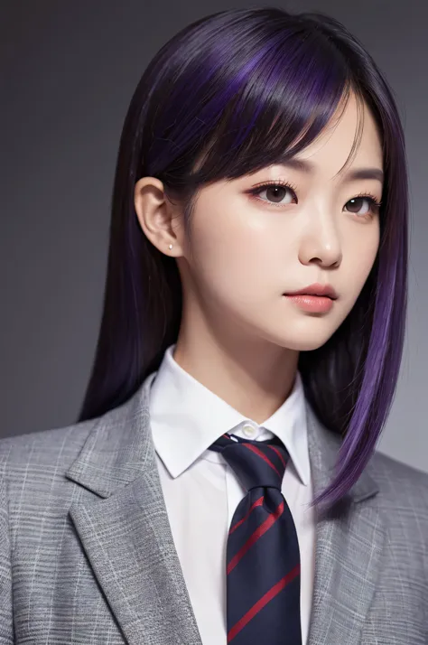 Business portrait of a person with classic side part hair、 purple hair、Wear a sharp suit and tie、 confident posture 、 studio lighting 、 high quality images、 ai model 