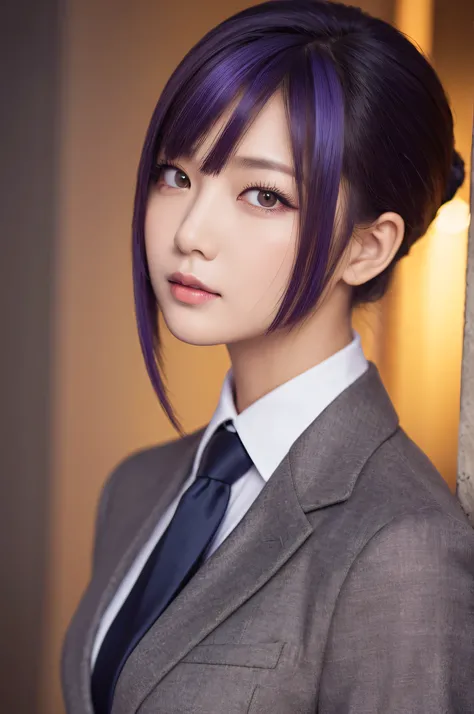 Business portrait of a person with classic side part hair、 purple hair、Wear a sharp suit and tie、 confident posture 、 studio lighting 、 high quality images、 ai model 