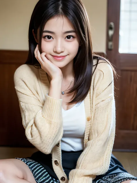 (Best quality, Masterpiece, Ultra High Resolution, (Photorealistic:1.4), Raw Photo, depth of field, professional lighting), 1girl, 15-years-old, most famous Japanese idol, model pose, looking at viewer, (innocent smile), (((most realistic face like a most ...