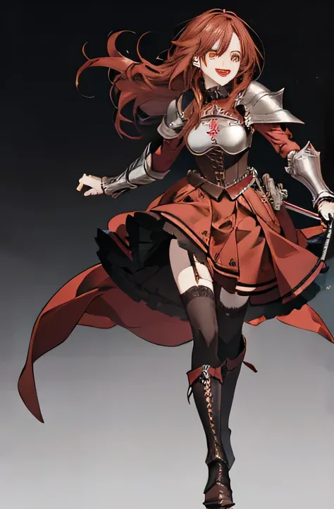 score_9, score_8_up, score_7_up, score_6_up, source_anime, fehspc, full body, standing, black background, solo, 1girl, defCordelia, red hair, red eyes, wing hair ornament, red dress, short dress, armored dress, belt, gauntlets, garter straps, zettai ryouik...