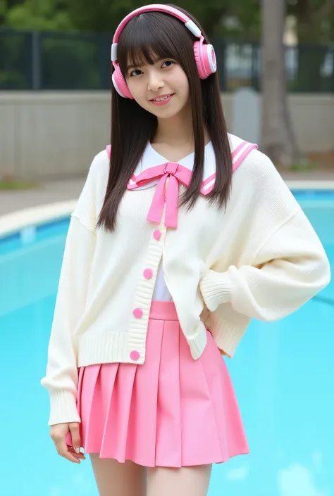 The image shows a young woman named Asuka standing with one hand on her hip and smiling shyly. She has long straight hair with bangs. BREAK (ivory-white and shocking-pink theme:1.4), (cute school uniform:1.2), (shocking-pink headphones:1.3), (wearing an ov...