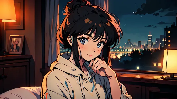 'Anime-style illustration of a young girl sitting on a bed in a modern high-rise apartment at night. She has black hair tied into a messy bun and is wearing an oversized hoodie. A large window behind her provides a view of the city and the night sky. She l...