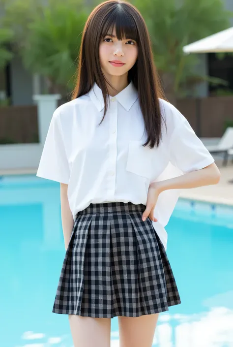 The image shows a young woman named Asuka standing with one hand on her hip and smiling shyly. She has long straight hair with bangs. BREAK (school uniform:1.2), ((loose style, tucked out tops):1.2), (fusion of oversized white tunic and white collared-shir...