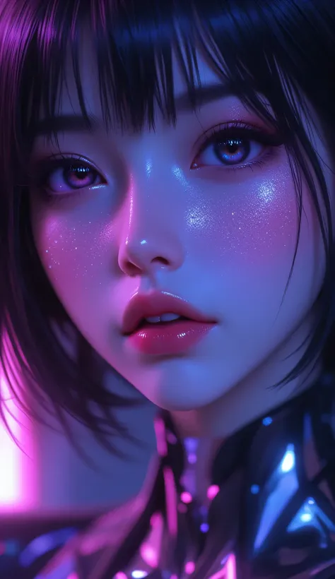 80’s glam rock makeup on shiny android face, anime, 2.5D, Glittery face, moody lighting, (purples, pinks, and blues), iridescent face, abstract ai model, pretty, sexy, minimal, sleek, slender, asian, elegant, chic, futuristic, retro, sophisticated half hum...