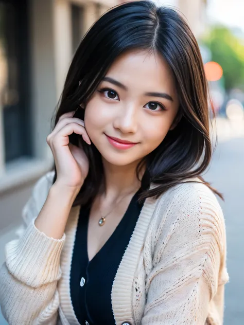 (Best quality, Masterpiece, Ultra High Resolution, (Photorealistic:1.4), Raw Photo, depth of field, professional lighting), (1girl, (((15-years-old))), ((most famous Japanese idol)), at street, looking at viewer, ((innocent smile)), model pose), ((((most r...