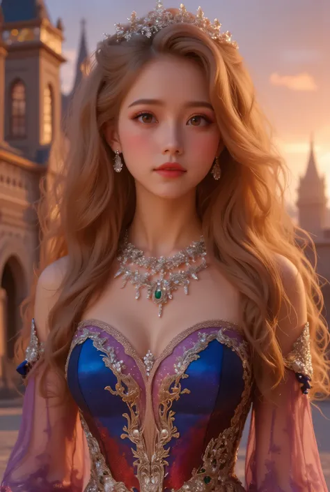 lors, deep contrast, super real, pink lipstick, lovely atmosphere, cinematic composition, close-up of face. She is wearing a breathtakingly opulent princess dress with flowing, multi-layered fabrics in a mesmerizing blend of royal blue, deep crimson, emera...