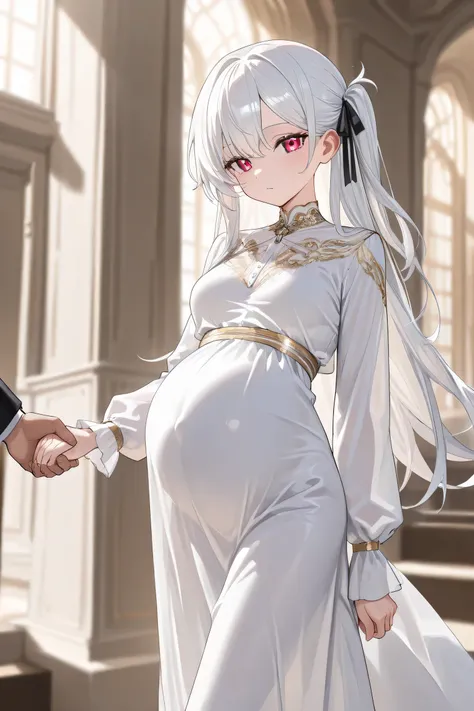 (Best quality, 4k, 8k, high resolution, masterpiece:1.2), ultra detailed, intricate details, beautiful girl, alone, long white hair, bangs, one side of her hair adorned with a white ribbon with gold stripes, red-colored eyes, small-medium breasts, perfect ...