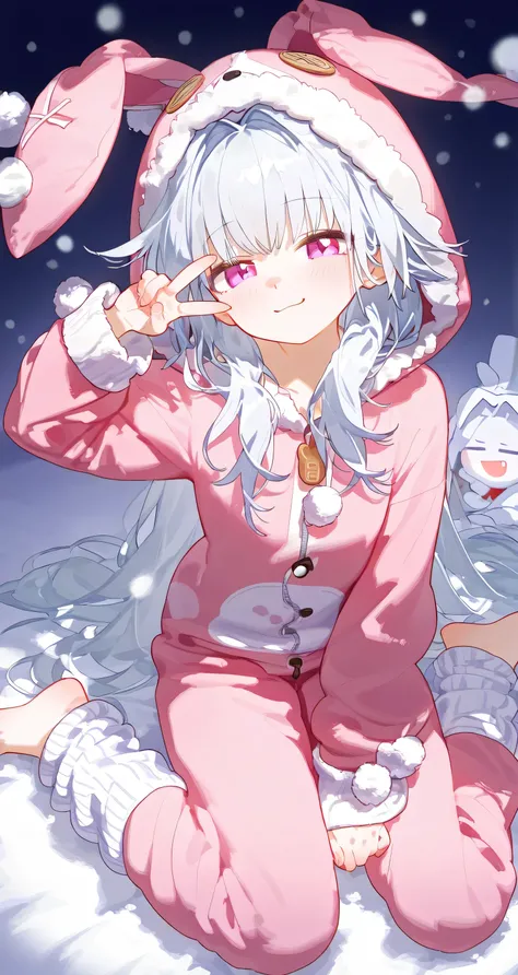 Clara, honkai star rail, smug, wariza, from above, looking at viewer, v over eye, hoodie rabbit kigurumi pajamas, Loose Socks