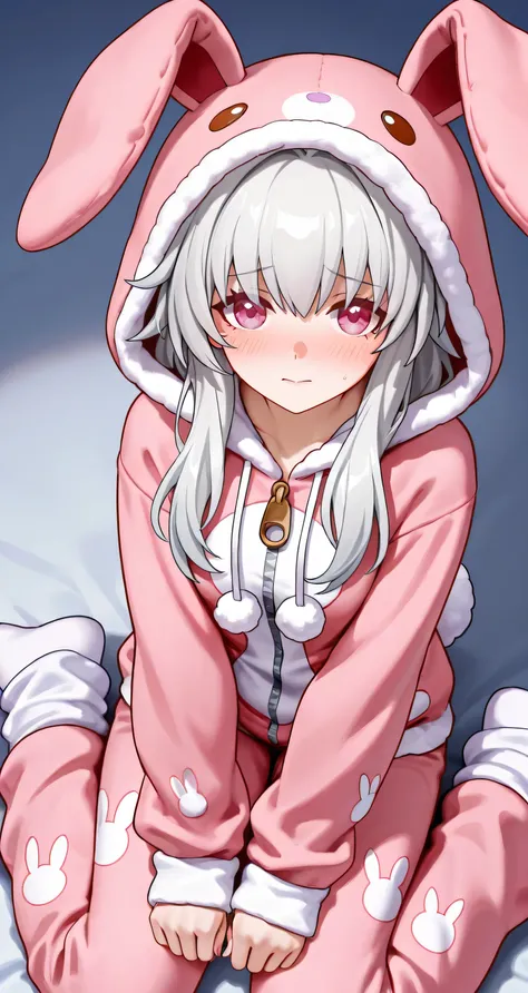 Clara, honkai star rail, shy, wariza, from above, looking at viewer, hoodie rabbit kigurumi pajamas, Loose Socks